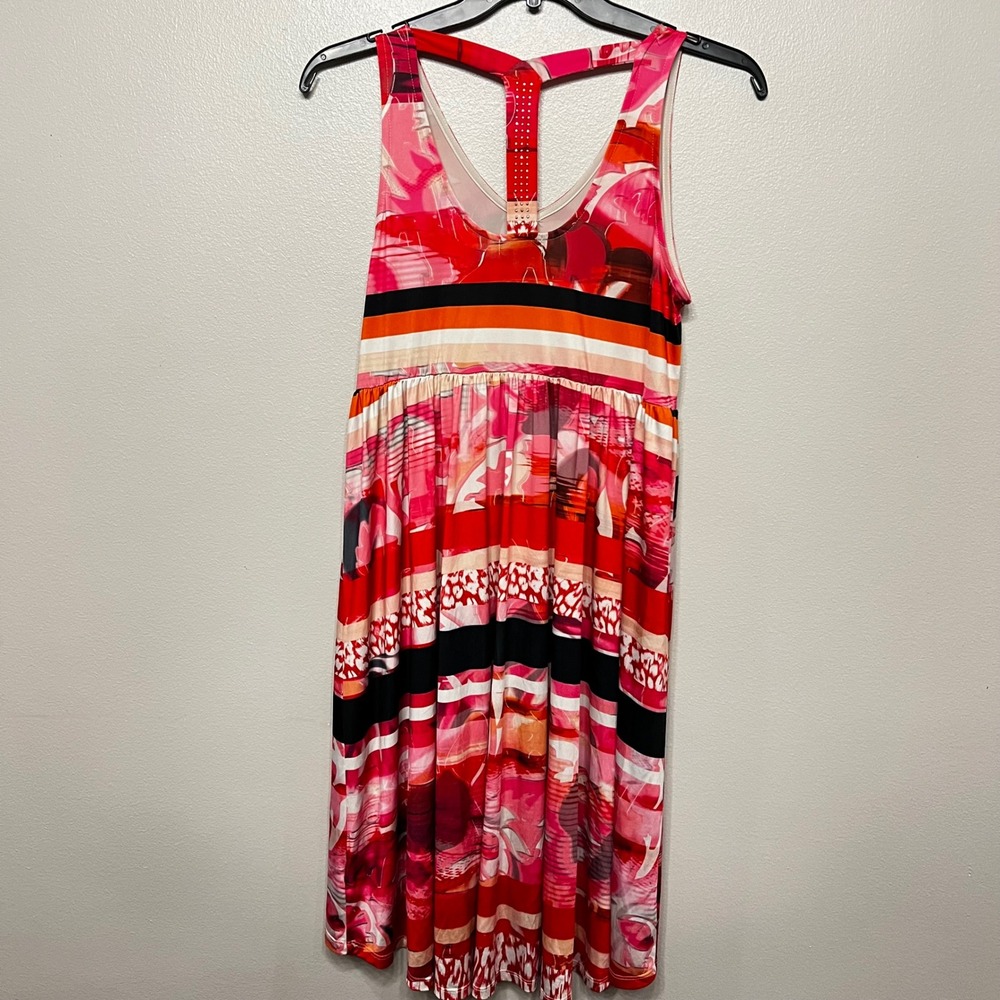 One World Womens Red Pink Abstract Stripe Studded T-Back High-Low Dress Small - Picture 4 of 9